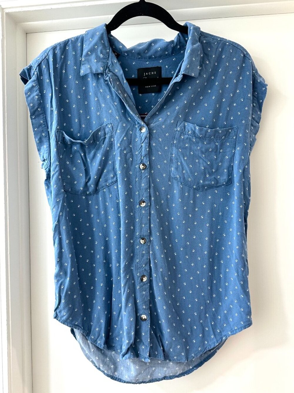 JACHS Girlfriend Blue Floral Print Cap Sleeve Button Up, Size Medium